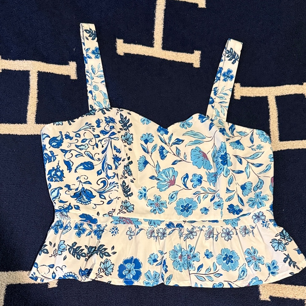 Aqua Blue and White Floral Crop Top